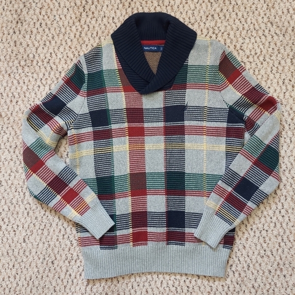 Authentic NAUTICA Men's Cotton Sweater Size Small Plaid Shawl Neck - Picture 1 of 12